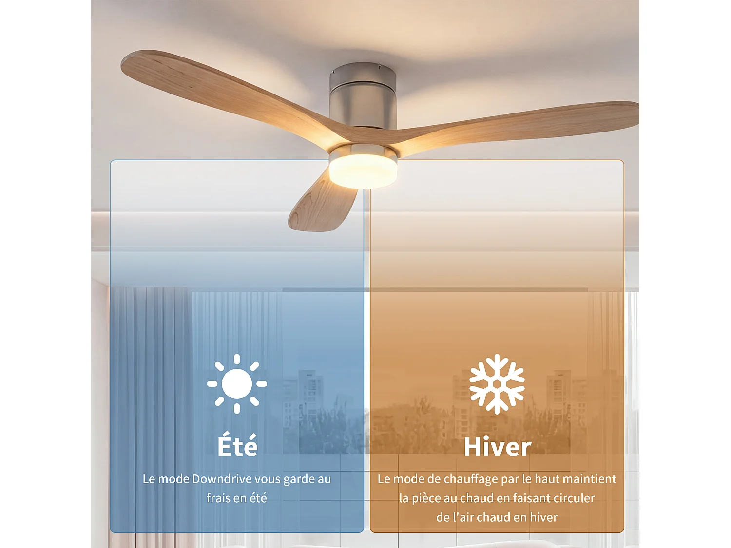 Stille houten LED-plafondventilator - Omkeerbare gelijkstroommotor - Afstandsbediening - 15W energiezuinig - 6 snelheden voor de slaapkamer