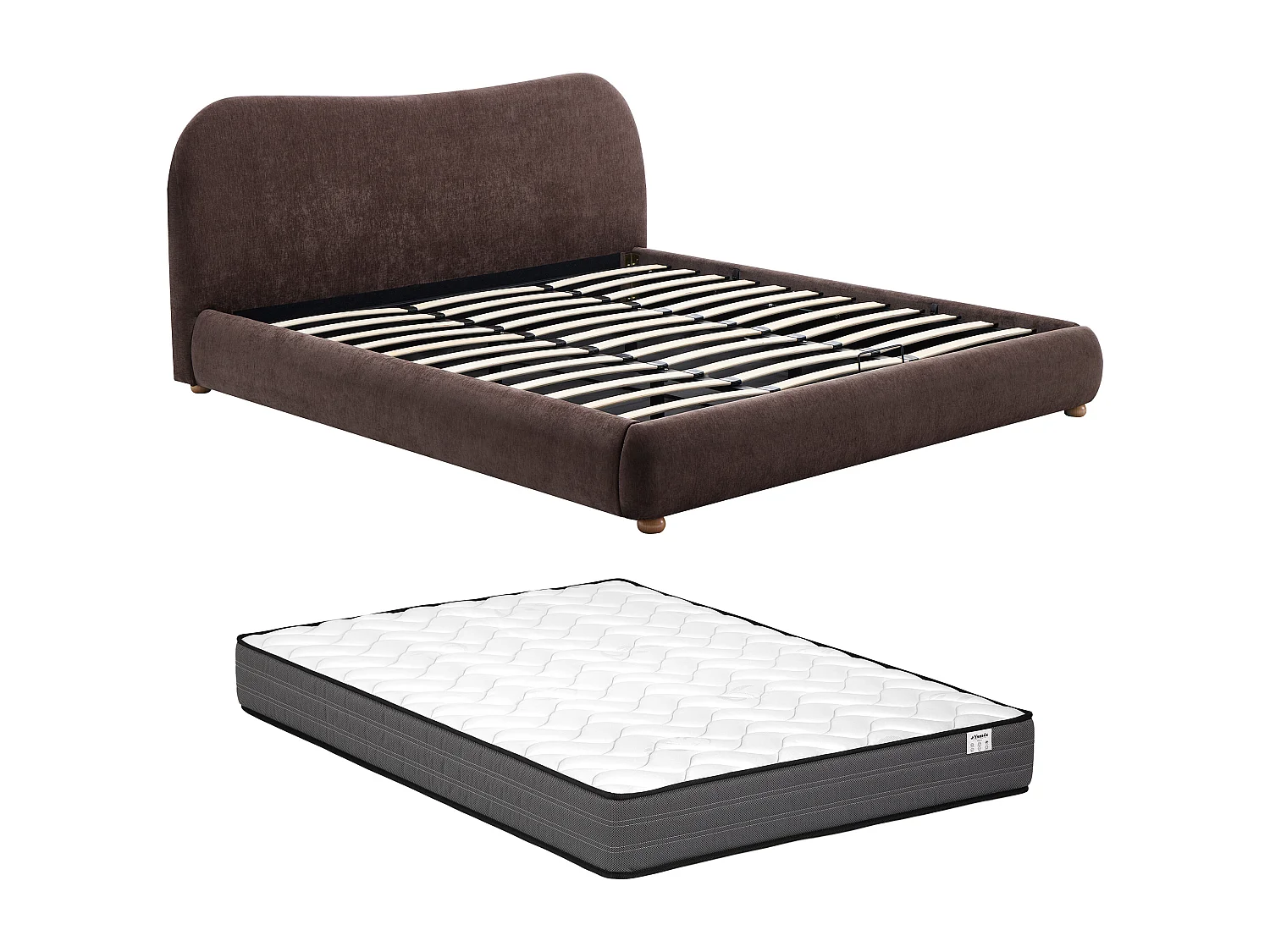 Lit coffre 180 x 200 cm - Tissu chenille - Marron + Matelas - VANARI