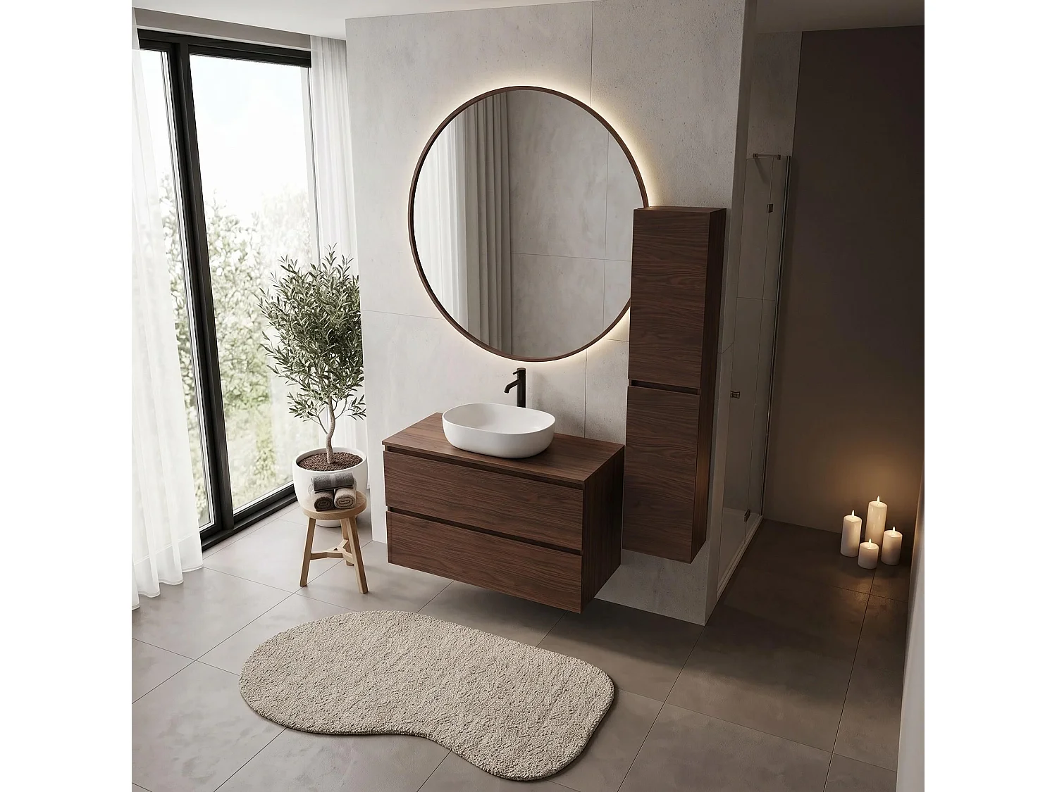 Badkamerkolom 136cm - Hangend - Noten Mat - Smal badkamermeubel – RODAN