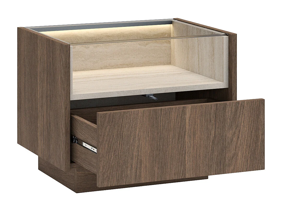 Table de chevet 1 tiroir et 1 niche - Avec LEDs - Coloris : Naturel foncé et travertin - ALIVENTO