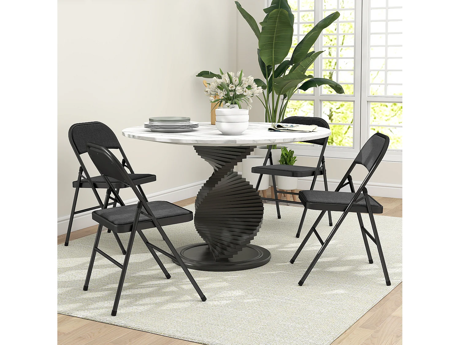 Lot de 4 chaises pliantes assise dossier rembourrés acier tissu toucher lin noir