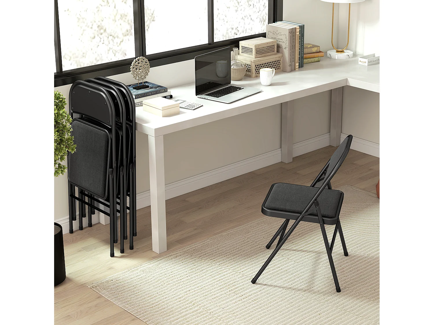 Lot de 4 chaises pliantes assise dossier rembourrés acier tissu toucher lin noir
