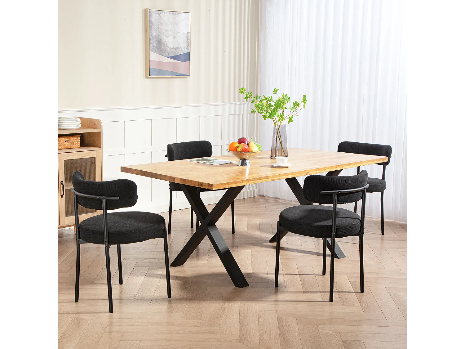 Lot de 4 chaises de salon style néo-rétro - assise ronde, dossier enveloppant - acier velours côtelé noir