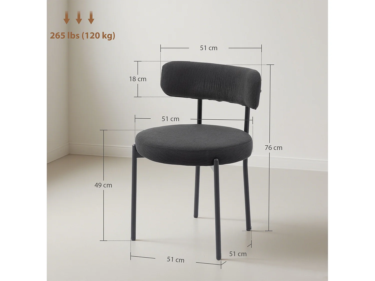 Lot de 4 chaises de salon style néo-rétro - assise ronde, dossier enveloppant - acier velours côtelé noir