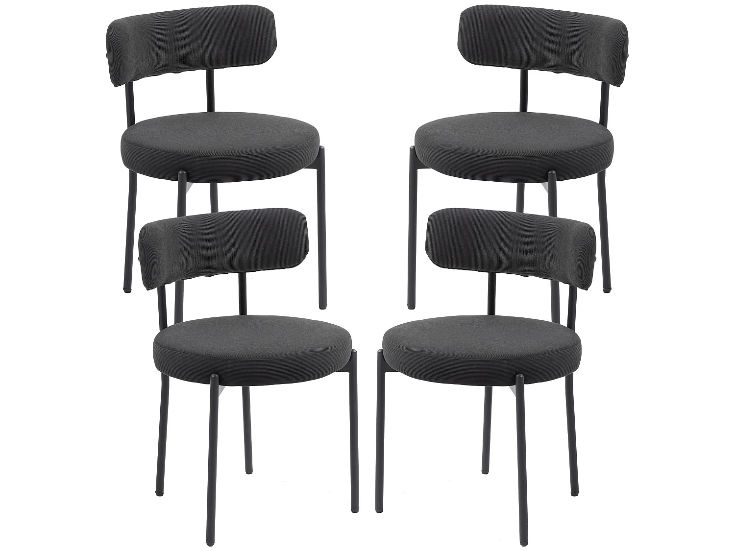 Lot de 4 chaises de salon style néo-rétro - assise ronde, dossier enveloppant - acier velours côtelé noir