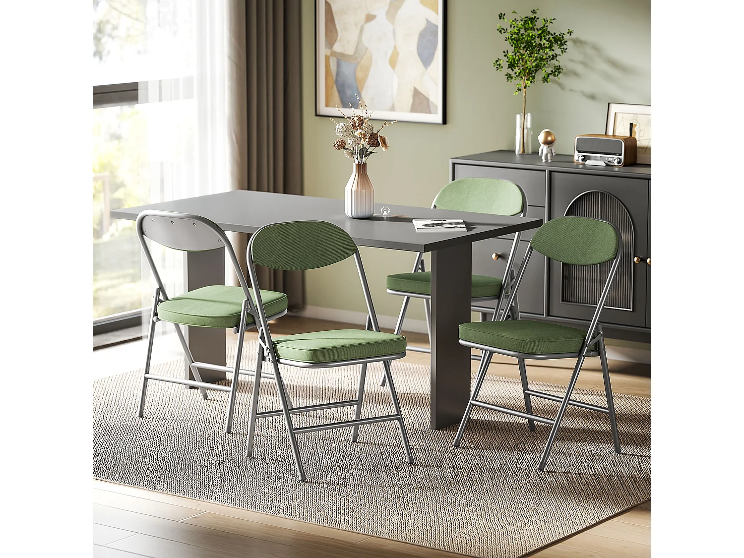 Lot de 4 chaises pliantes acier velours côtelé vert