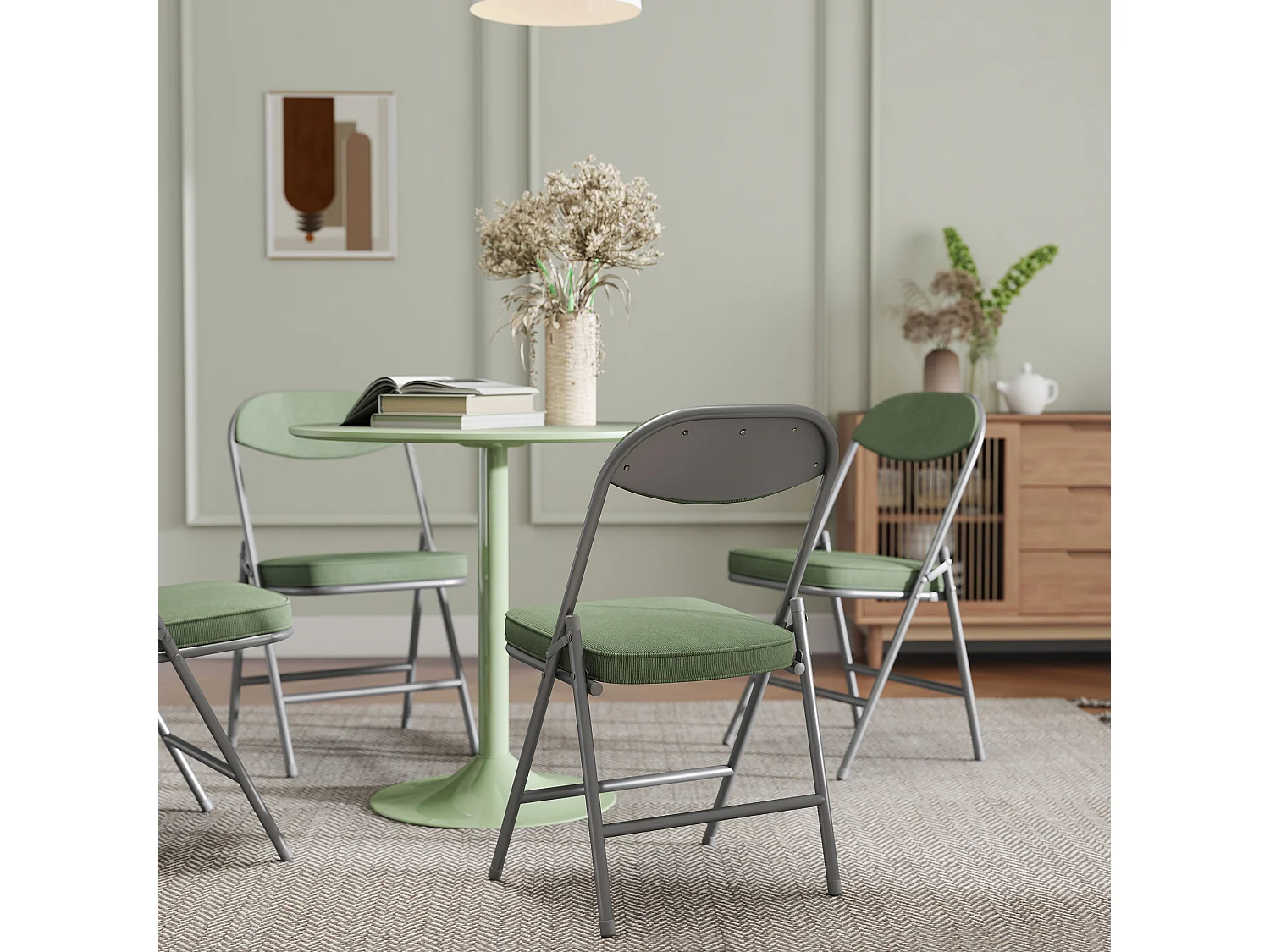 Lot de 4 chaises pliantes acier velours côtelé vert