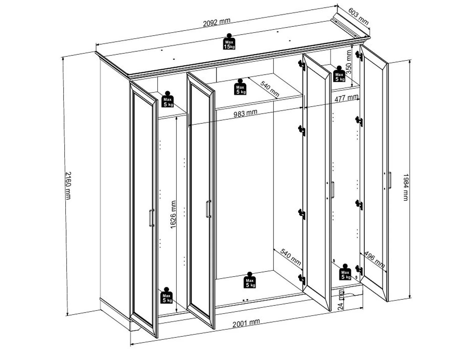Armoire placard de rangement 4 portes coloris Cachemire / Chêne Mauvella - Longueur 209,5 x Profondeur 61 x Hauteur 216 cm