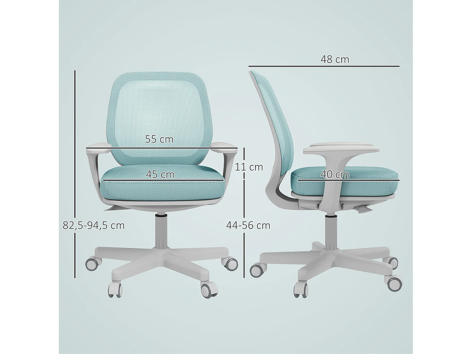 Chaise de bureau ergonomique hauteur réglable pivotante 360° revêtement maille turquoise