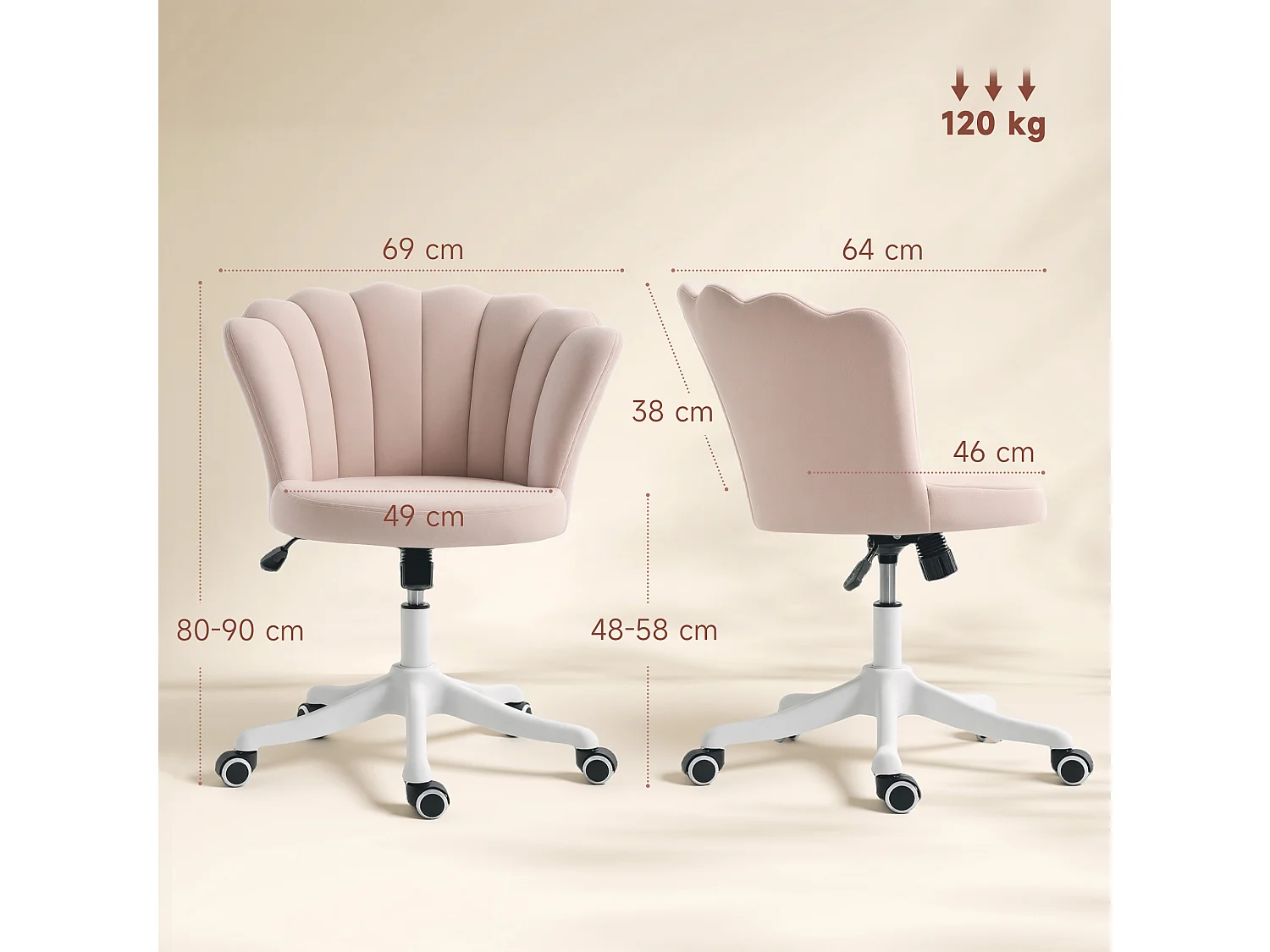 Chaise bureau velours design coquillage blanc rose poudré