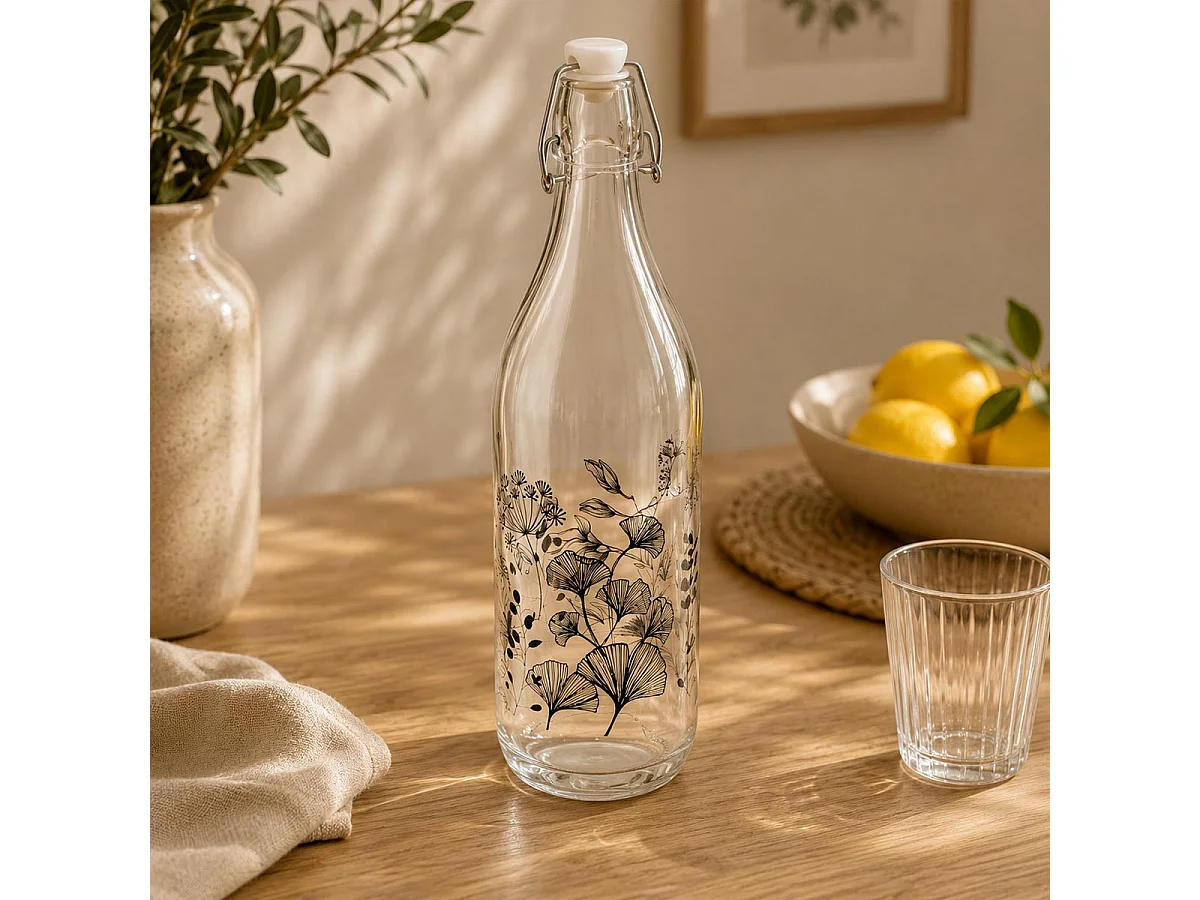 Bouteille Limonade en Verre "White Floral" 1L Transparent