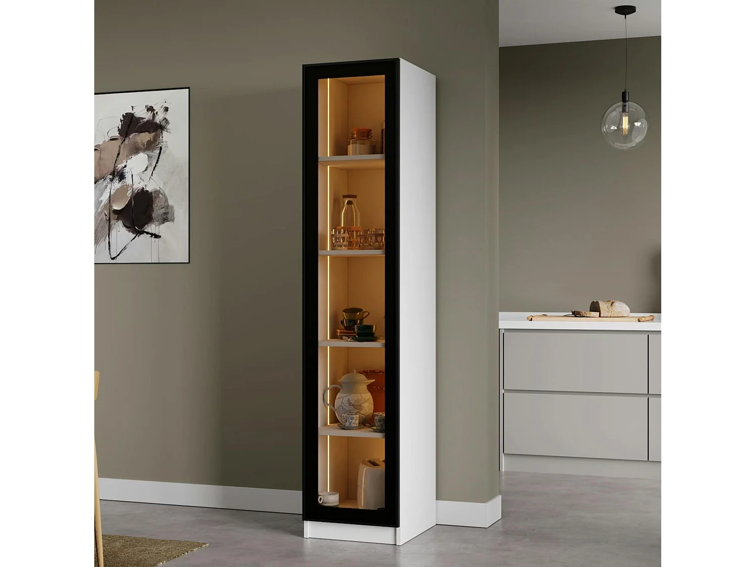Vitrine colonne à LED décor blanc et noir 5 étagères AURA