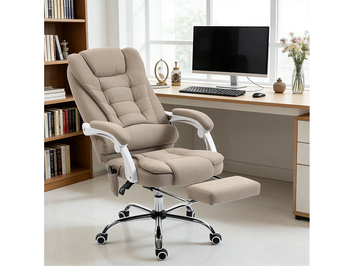 Fauteuil de bureau direction massant chauffant hauteur réglable dossier inclinable tissu beige
