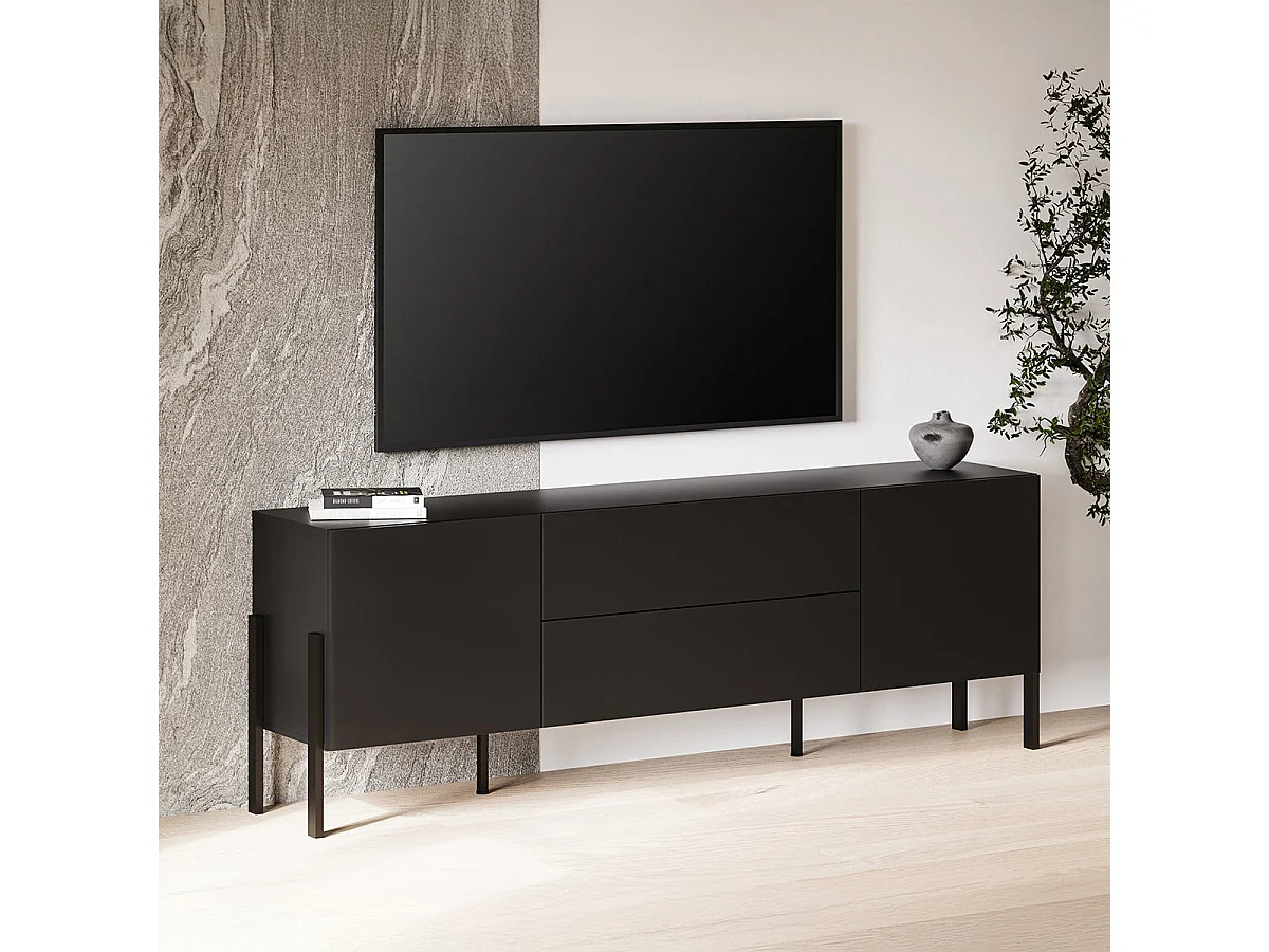 TV-skab med 2 døre og 2 skuffer, 200 cm, Bérénice, sort