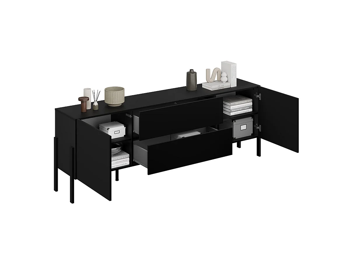 TV-skab med 2 døre og 2 skuffer, 200 cm, Bérénice, sort