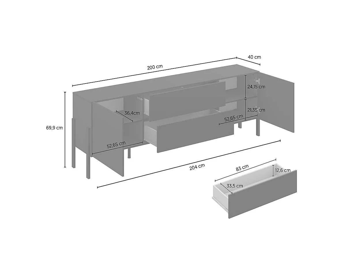 TV-skab med 2 døre og 2 skuffer, 200 cm, Bérénice, sort