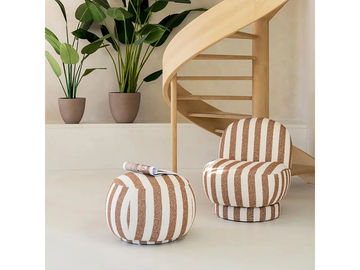 Pouf à Rayures "Ligné" 61cm Camel & Blanc Cassé
