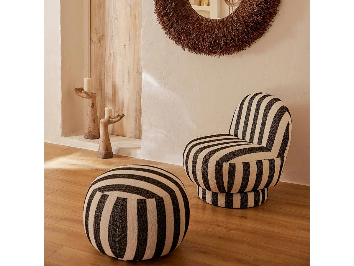 Pouf à Rayures "Ligné" 61cm Noir & Blanc Cassé