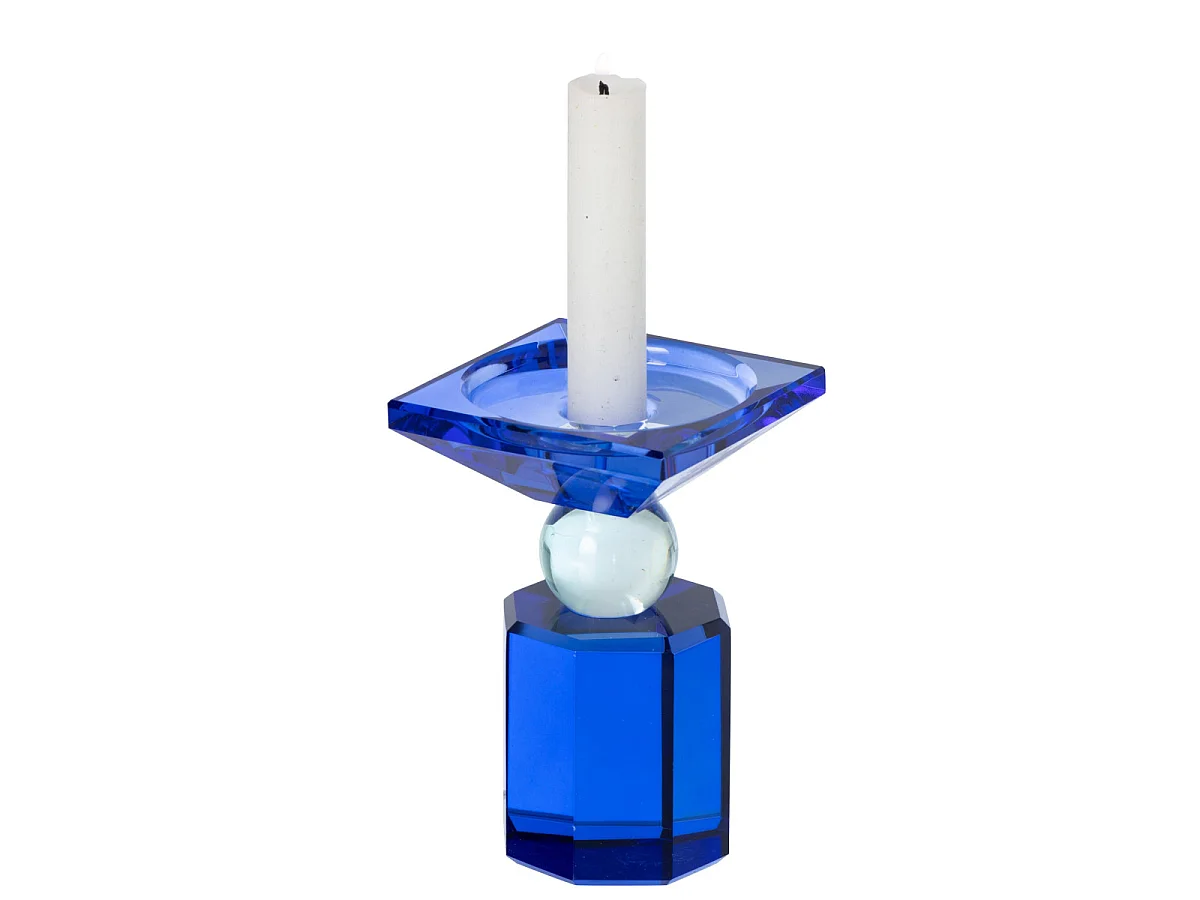 Bougeoir Design en Verre "Taillé" 13cm Bleu