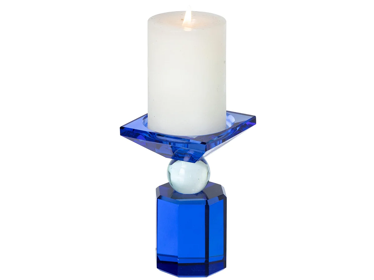 Bougeoir Design en Verre "Taillé" 13cm Bleu