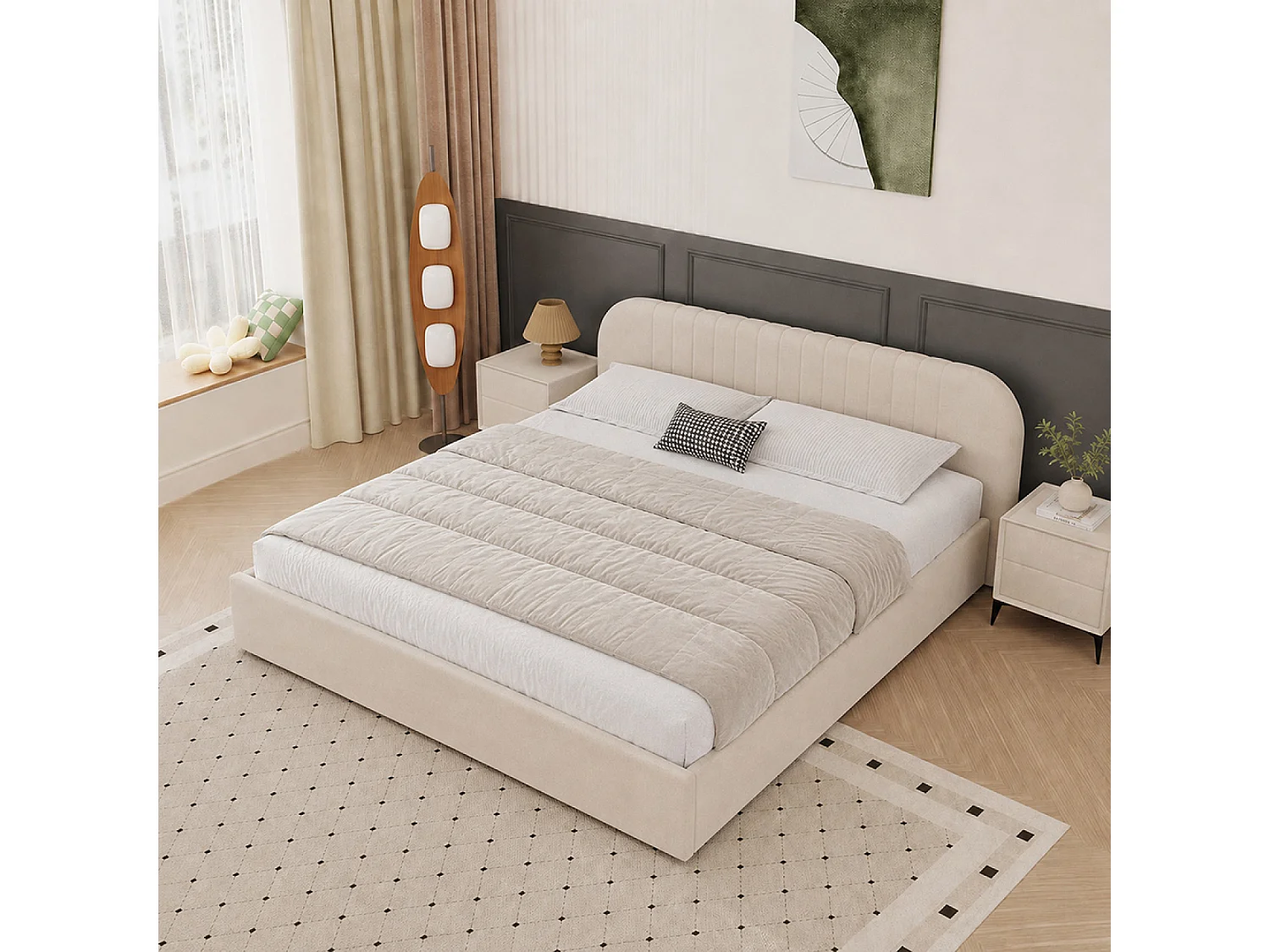 Lit avec coffre de rangement 160x200cm en velours beige IRVINE