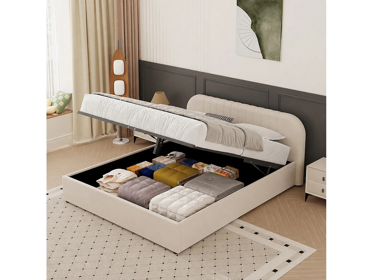Lit avec coffre de rangement 160x200cm en velours beige IRVINE