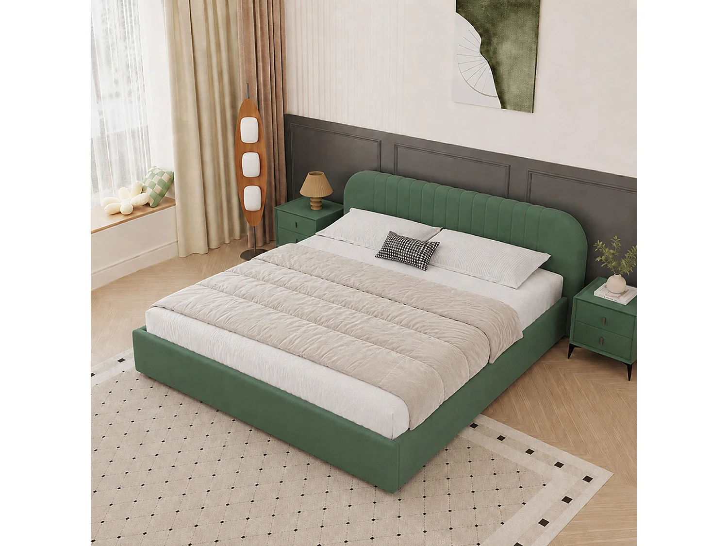 Lit avec coffre de rangement 160x200cm en velours vert IRVINE