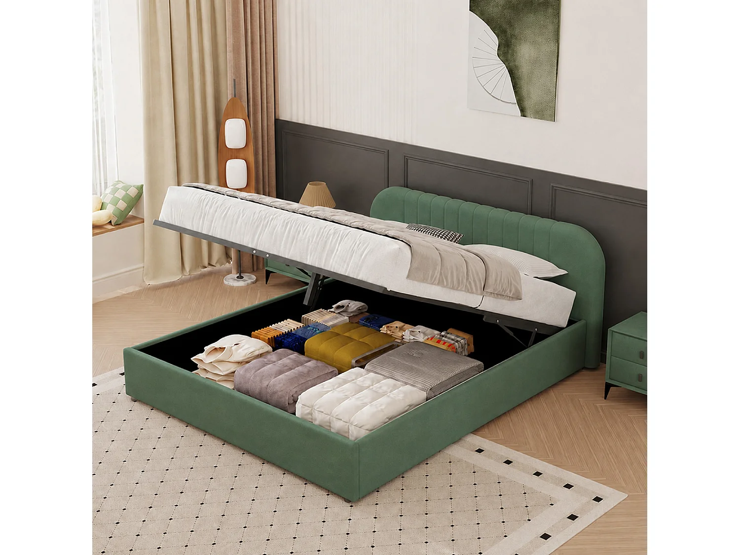 Lit avec coffre de rangement 160x200cm en velours vert IRVINE