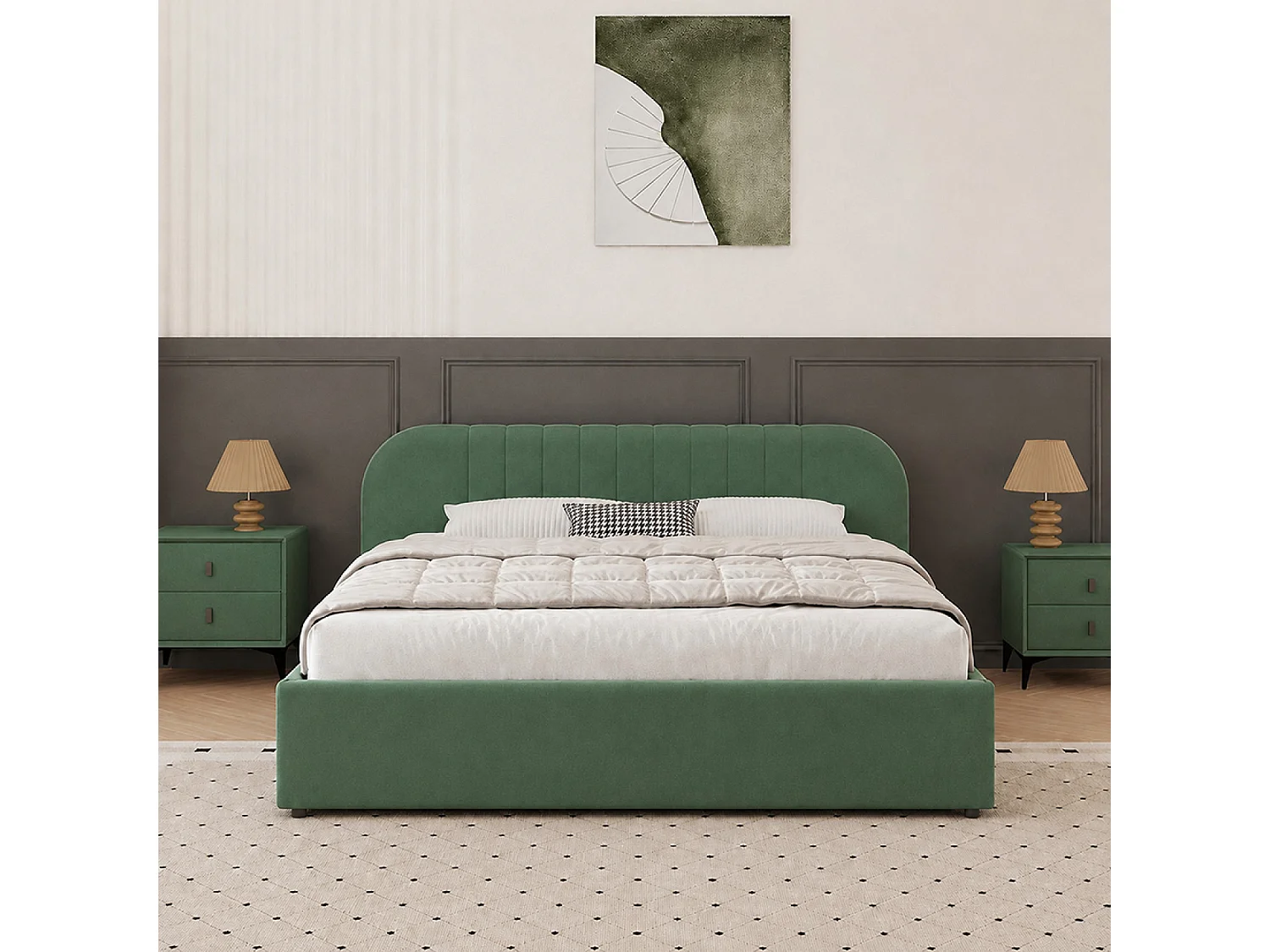 Lit avec coffre de rangement 160x200cm en velours vert IRVINE