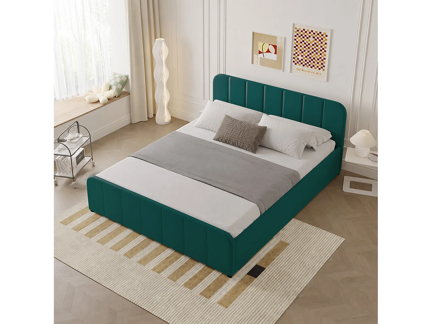 Lit avec coffre de rangement 140x190cm en velours vert TAMPA