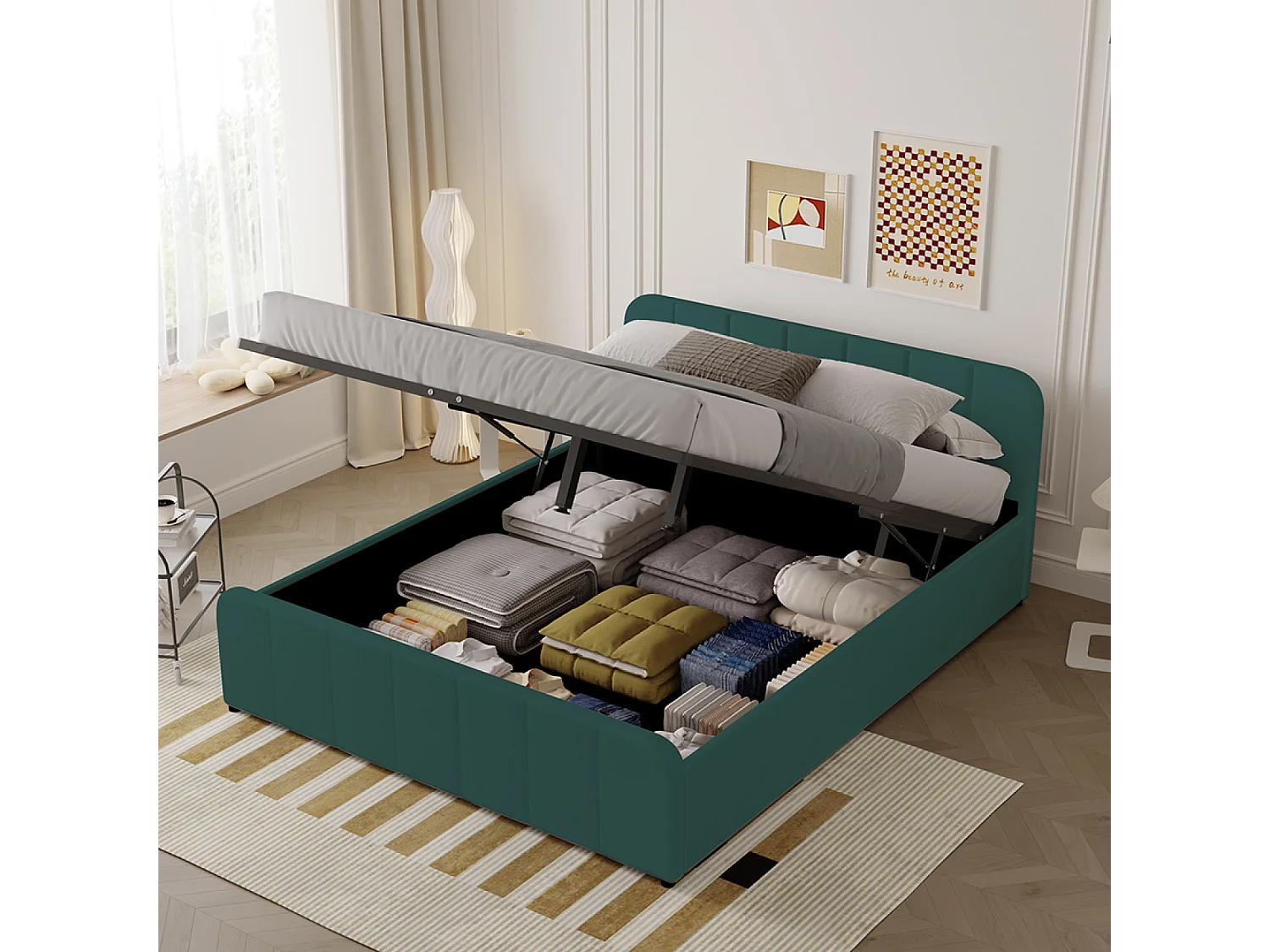 Lit avec coffre de rangement 140x190cm en velours vert TAMPA