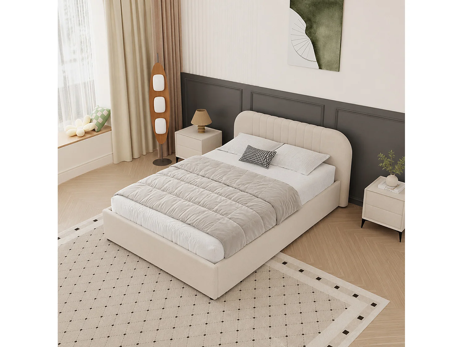 Lit avec coffre de rangement 140x190cm en velours beige IRVINE