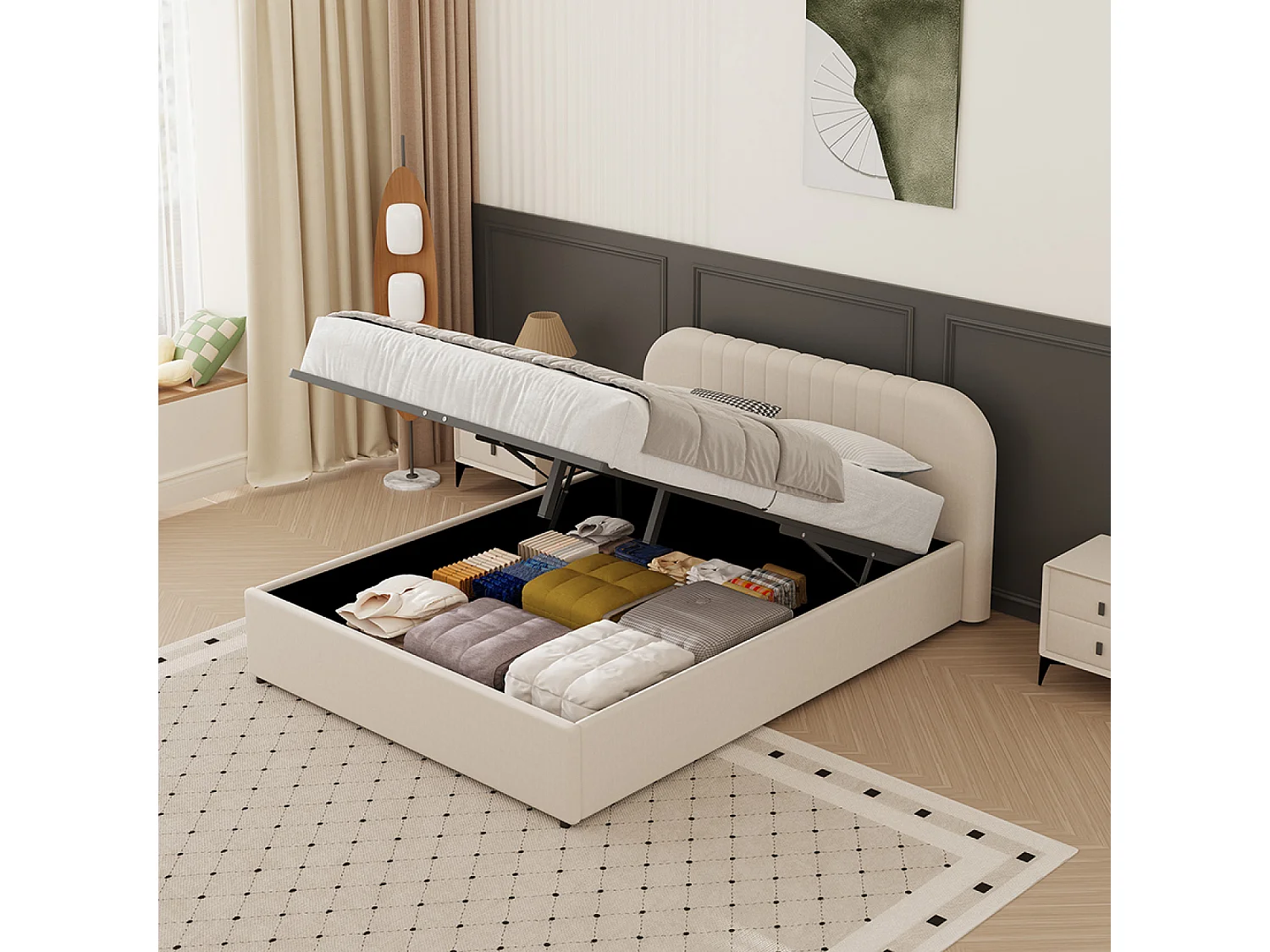 Lit avec coffre de rangement 140x190cm en velours beige IRVINE