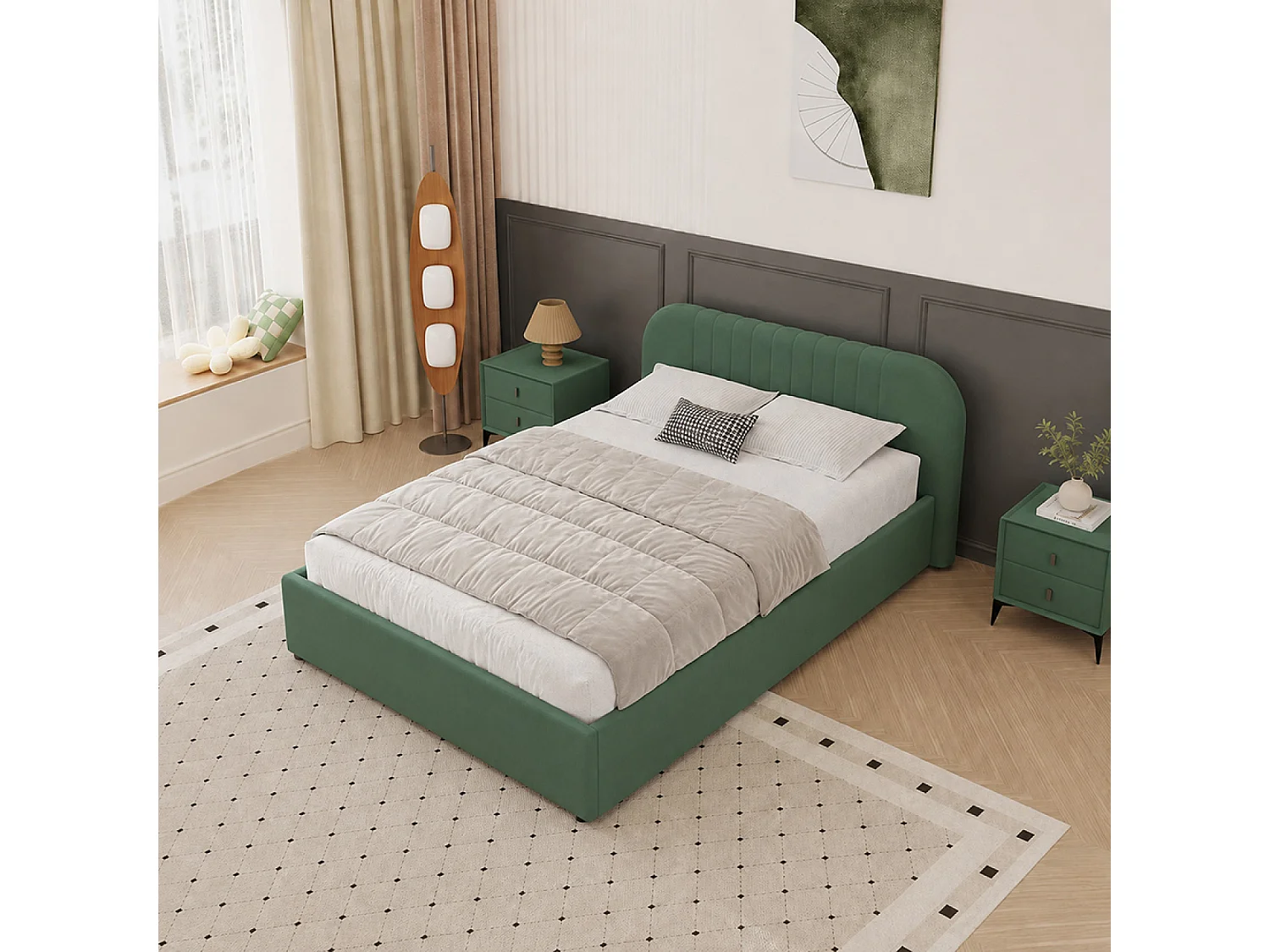 Lit avec coffre de rangement 140x190cm en velours vert IRVINE