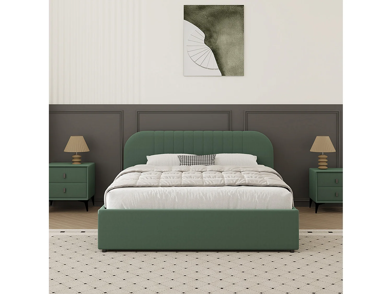 Lit avec coffre de rangement 140x190cm en velours vert IRVINE
