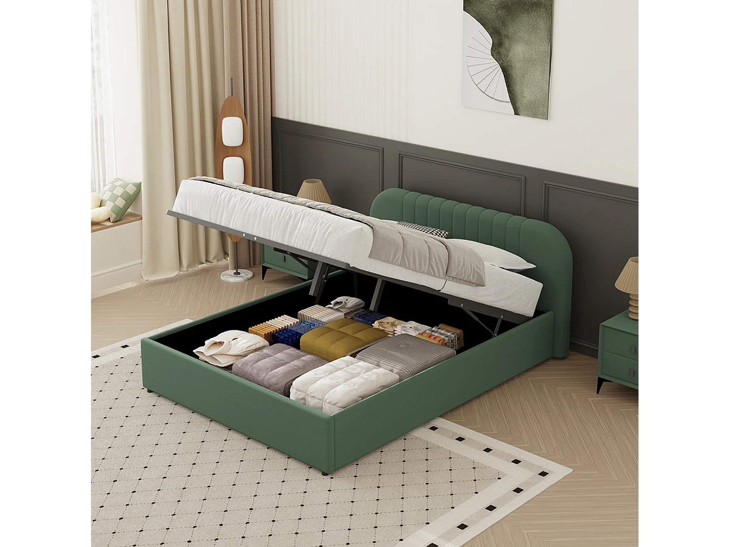 Lit avec coffre de rangement 140x190cm en velours vert IRVINE