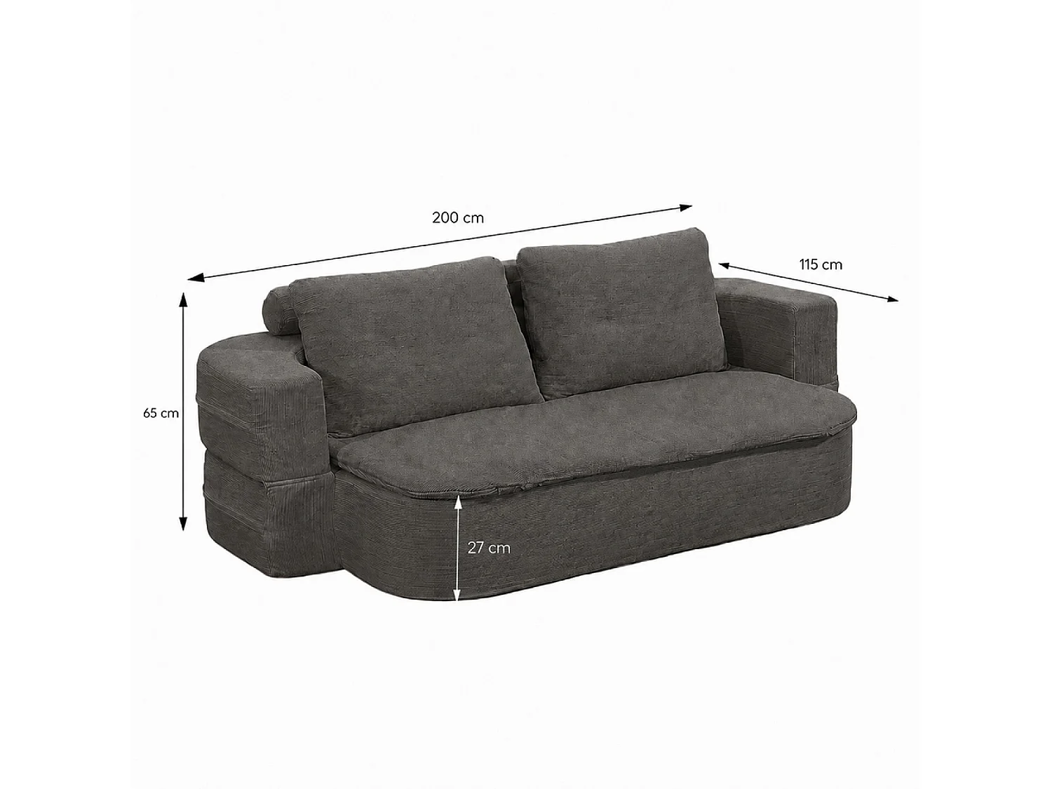 Canapé compressé convertible 2-3 places + couette en velours côtelé gris foncé WATFORD