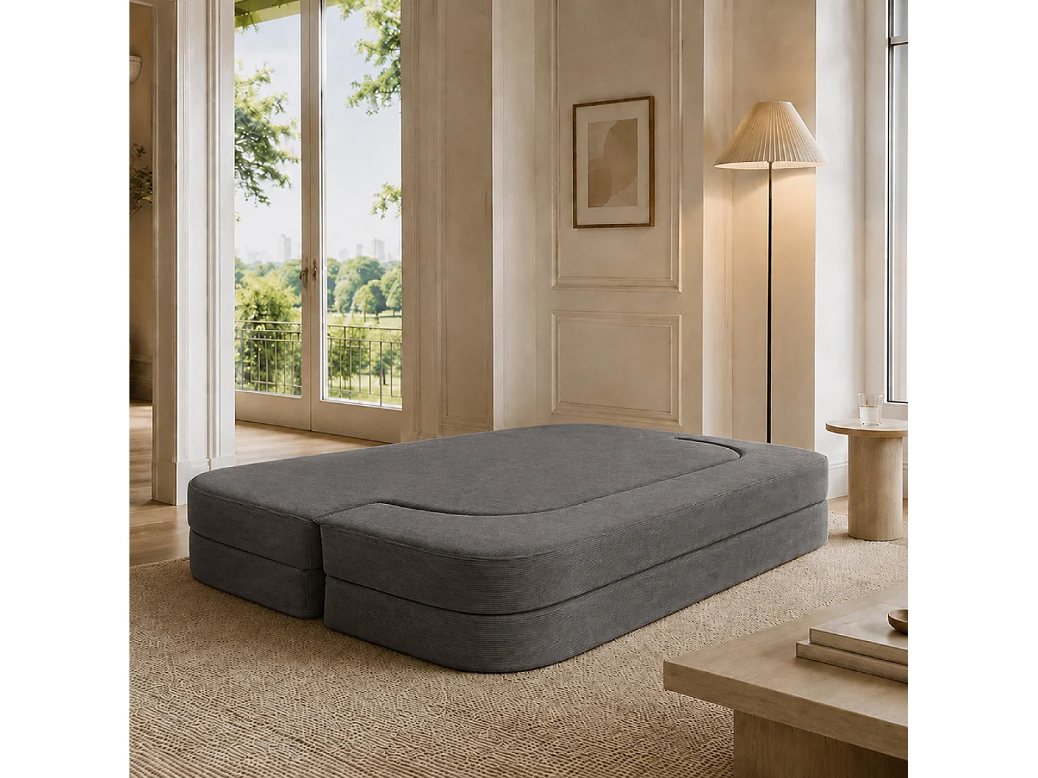 Canapé compressé convertible 2-3 places + couette en velours côtelé gris foncé WATFORD