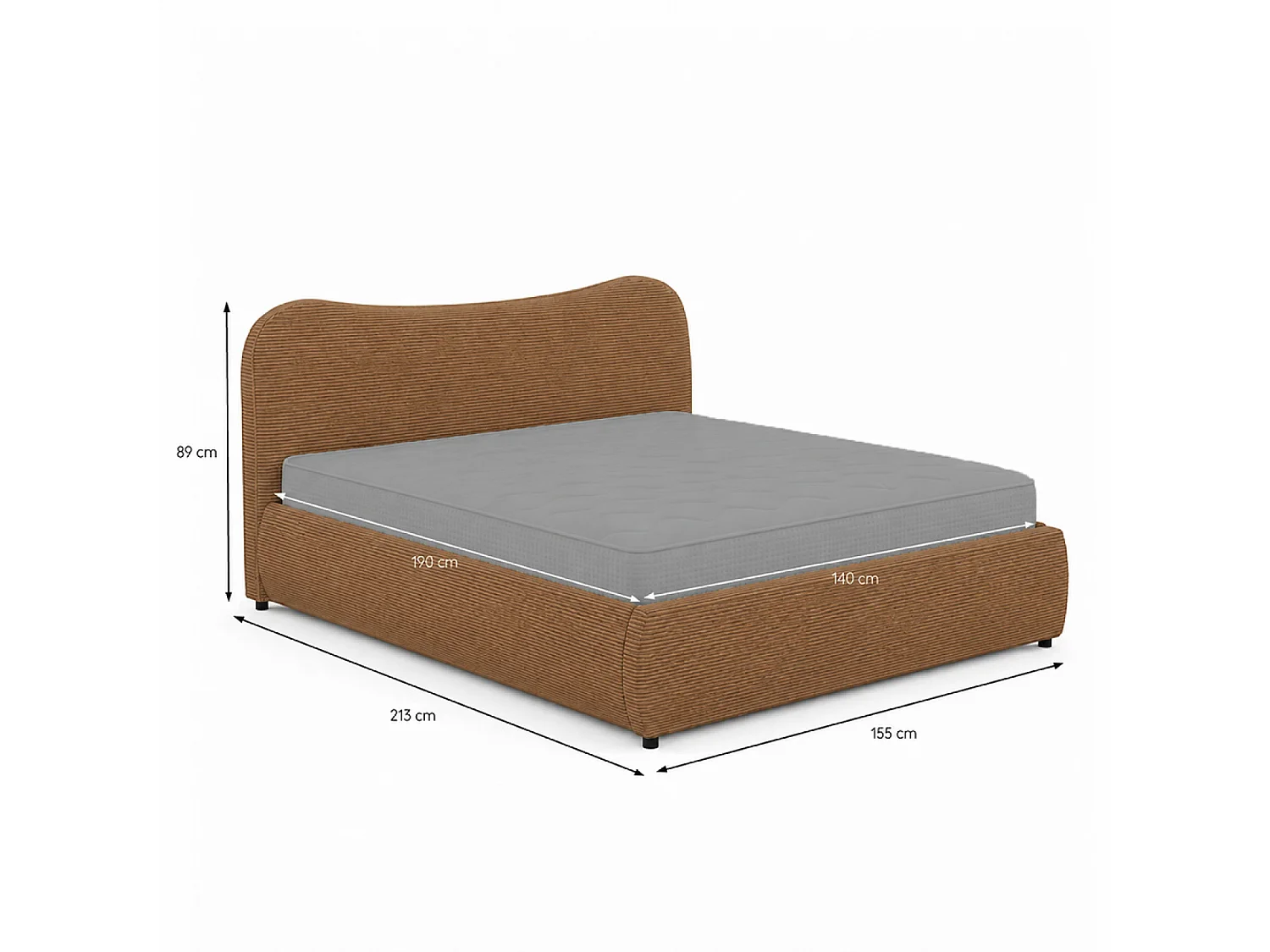 Lit coffre 140x190cm design arrondi velours côtelé marron PLANO