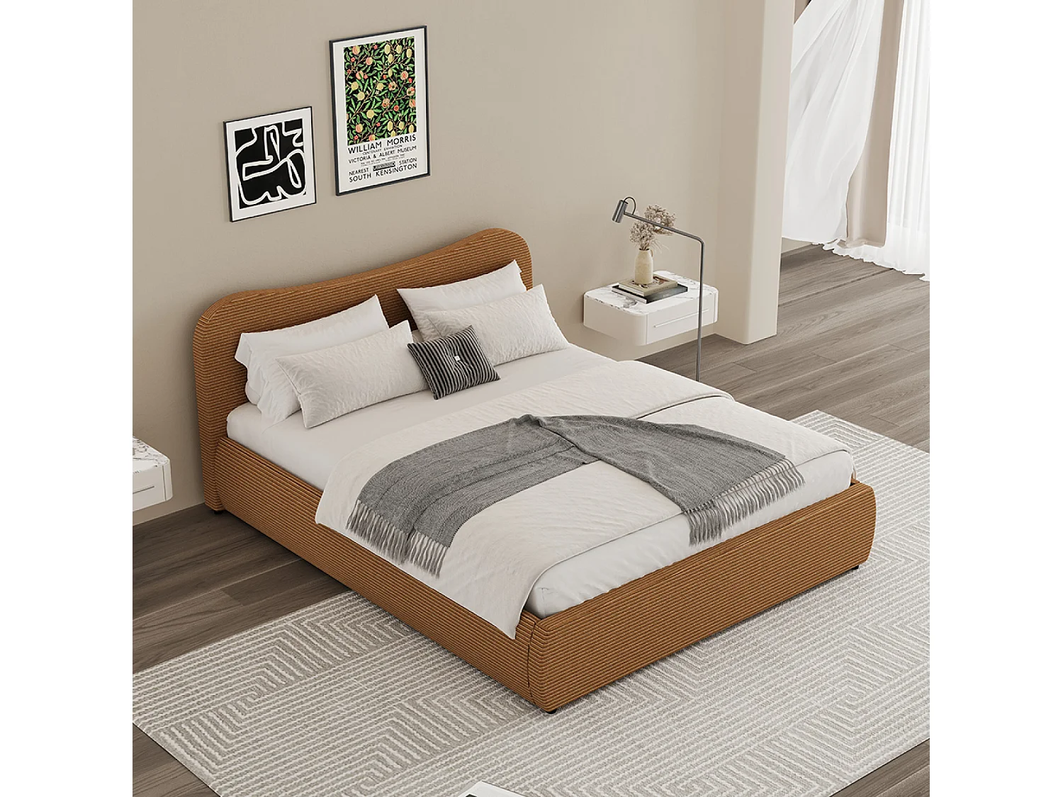 Lit coffre 140x190cm design arrondi velours côtelé marron PLANO