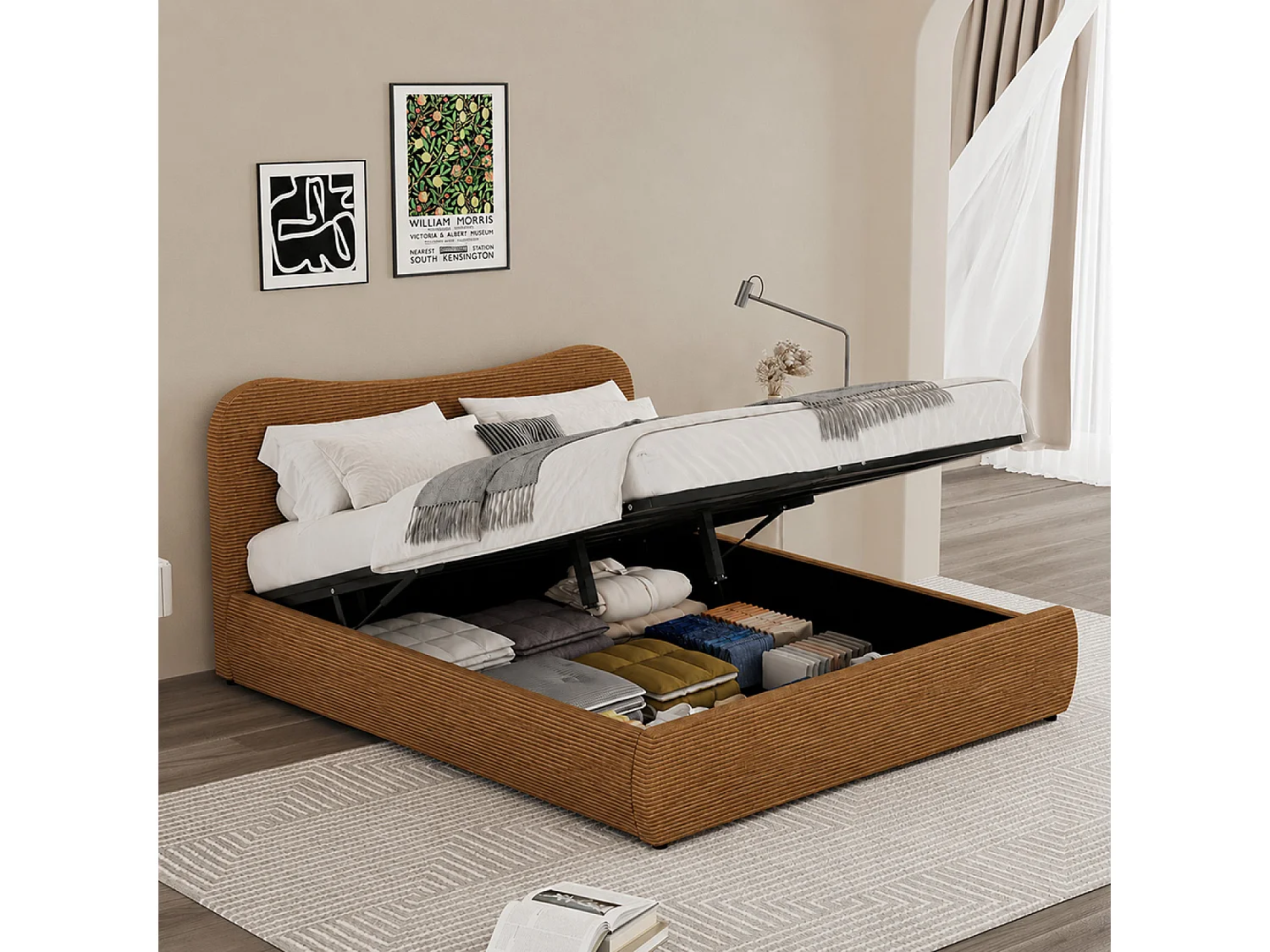 Lit coffre 140x190cm design arrondi velours côtelé marron PLANO