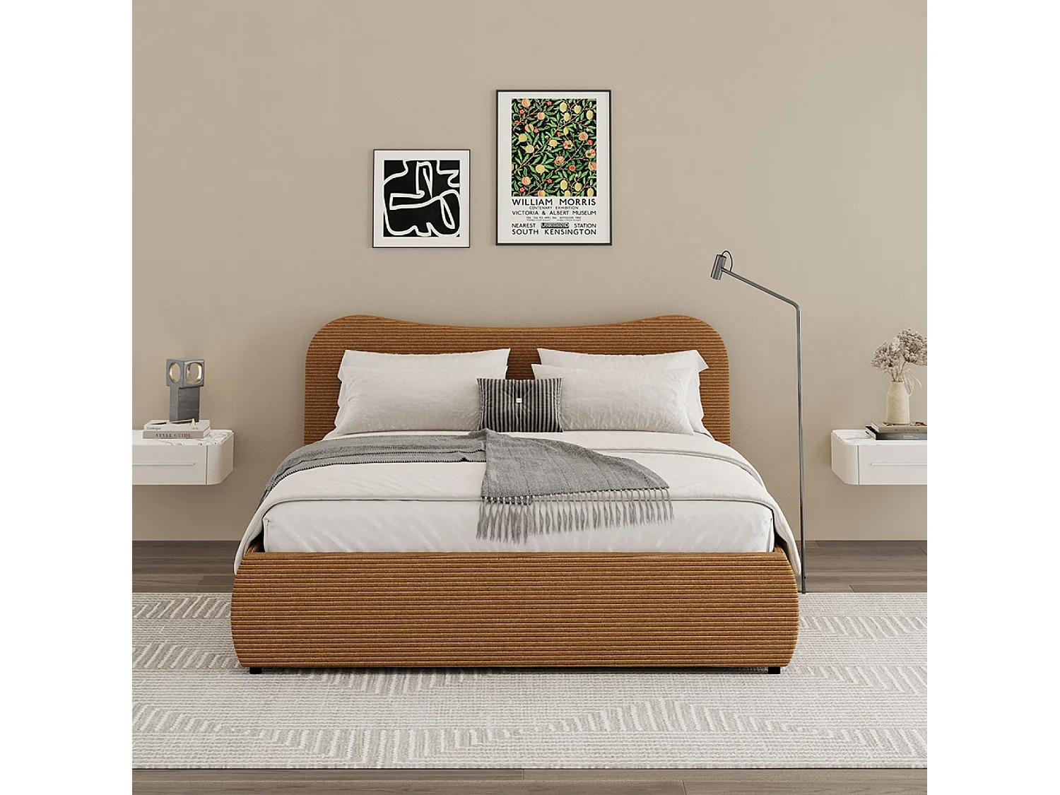 Lit coffre 140x190cm design arrondi velours côtelé marron PLANO