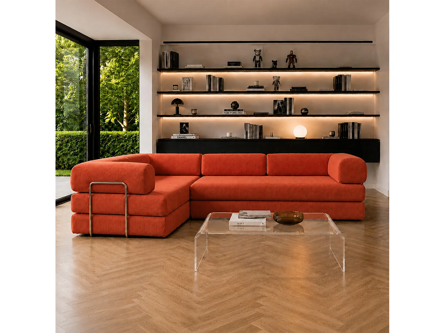Canapé compressé convertible 5 places à mémoire de forme en velours côtelé terracotta BARRY
