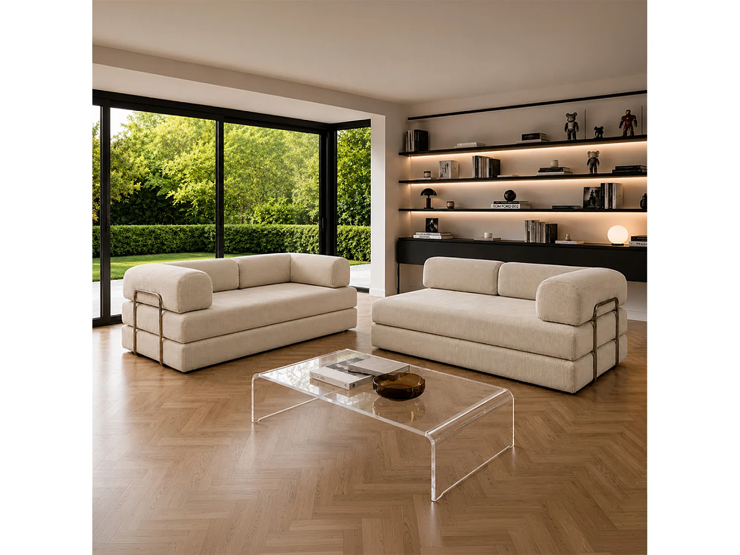 Canapé compressé convertible 5 places à mémoire de forme en velours côtelé beige BARRY