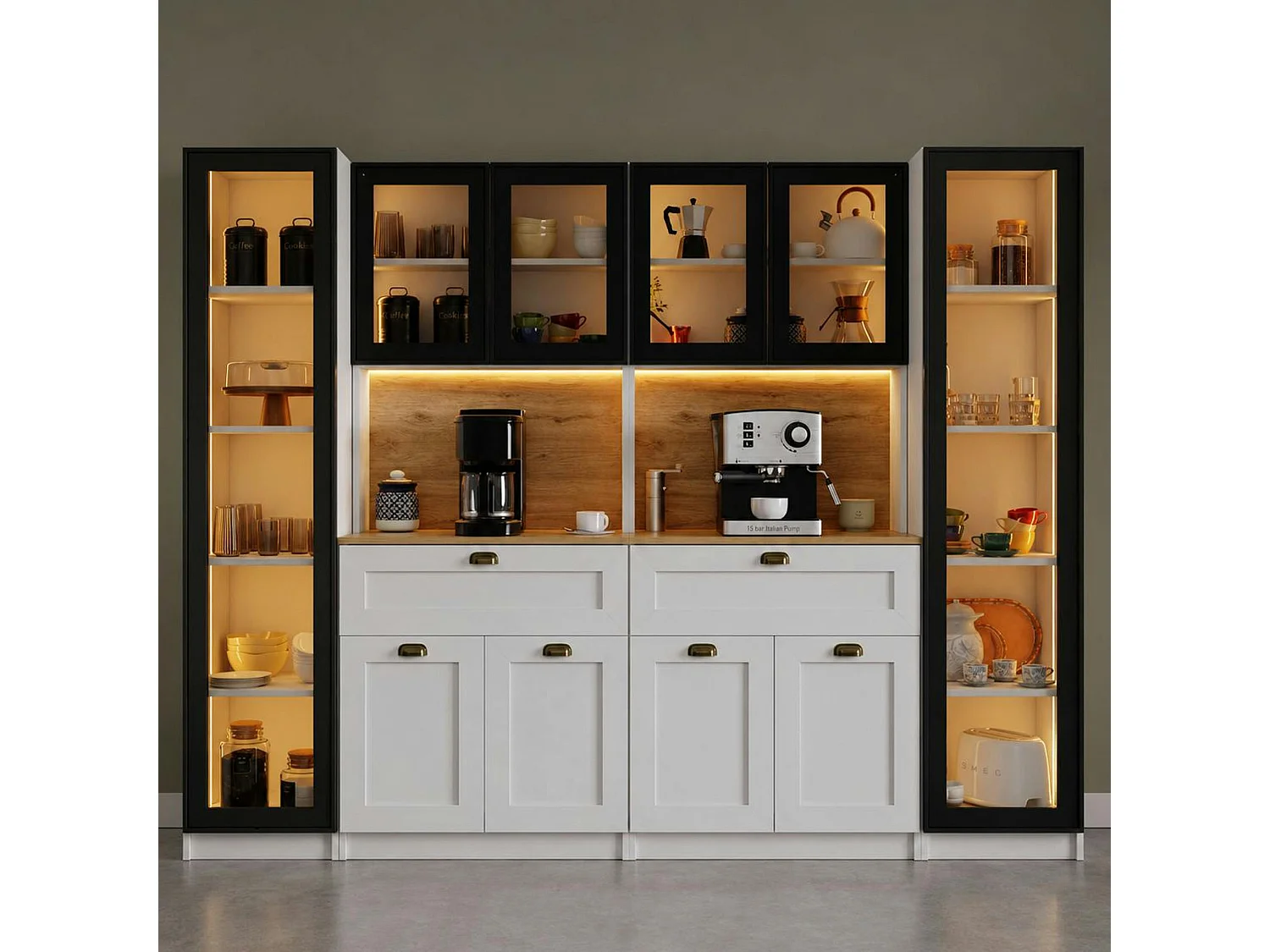 Grand vaisselier de cuisine à LED 10 portes décor blanc et noir AURA