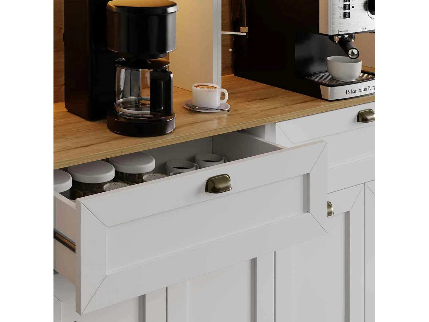 Grand vaisselier de cuisine à LED 10 portes décor blanc et noir AURA