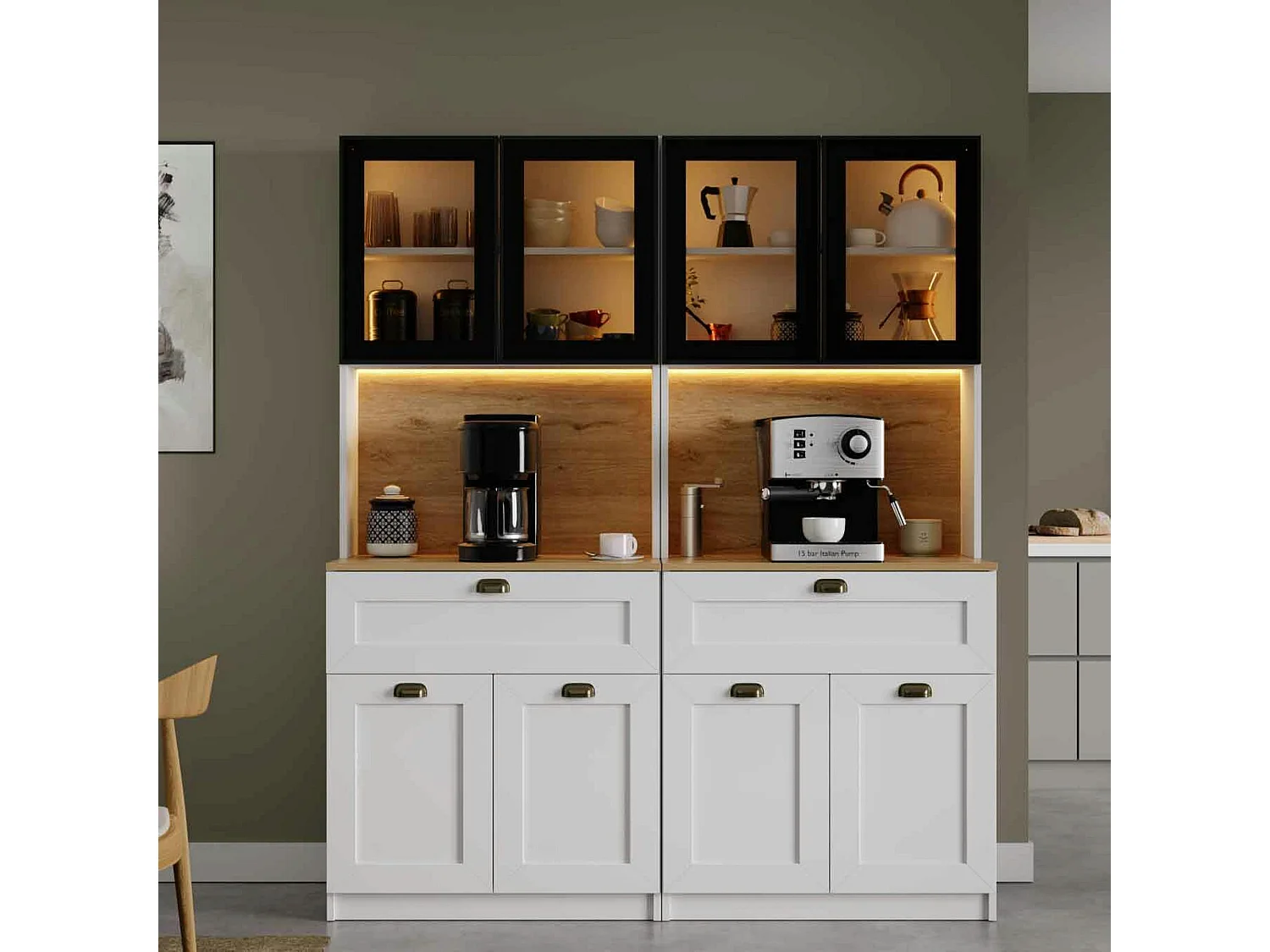 Vaisselier de cuisine à LED 8 portes décor blanc et noir AURA