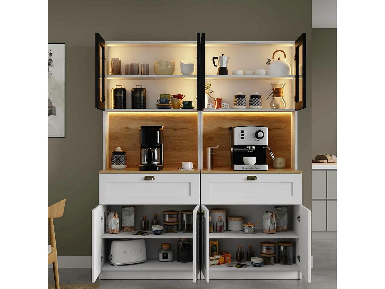 Vaisselier de cuisine à LED 8 portes décor blanc et noir AURA