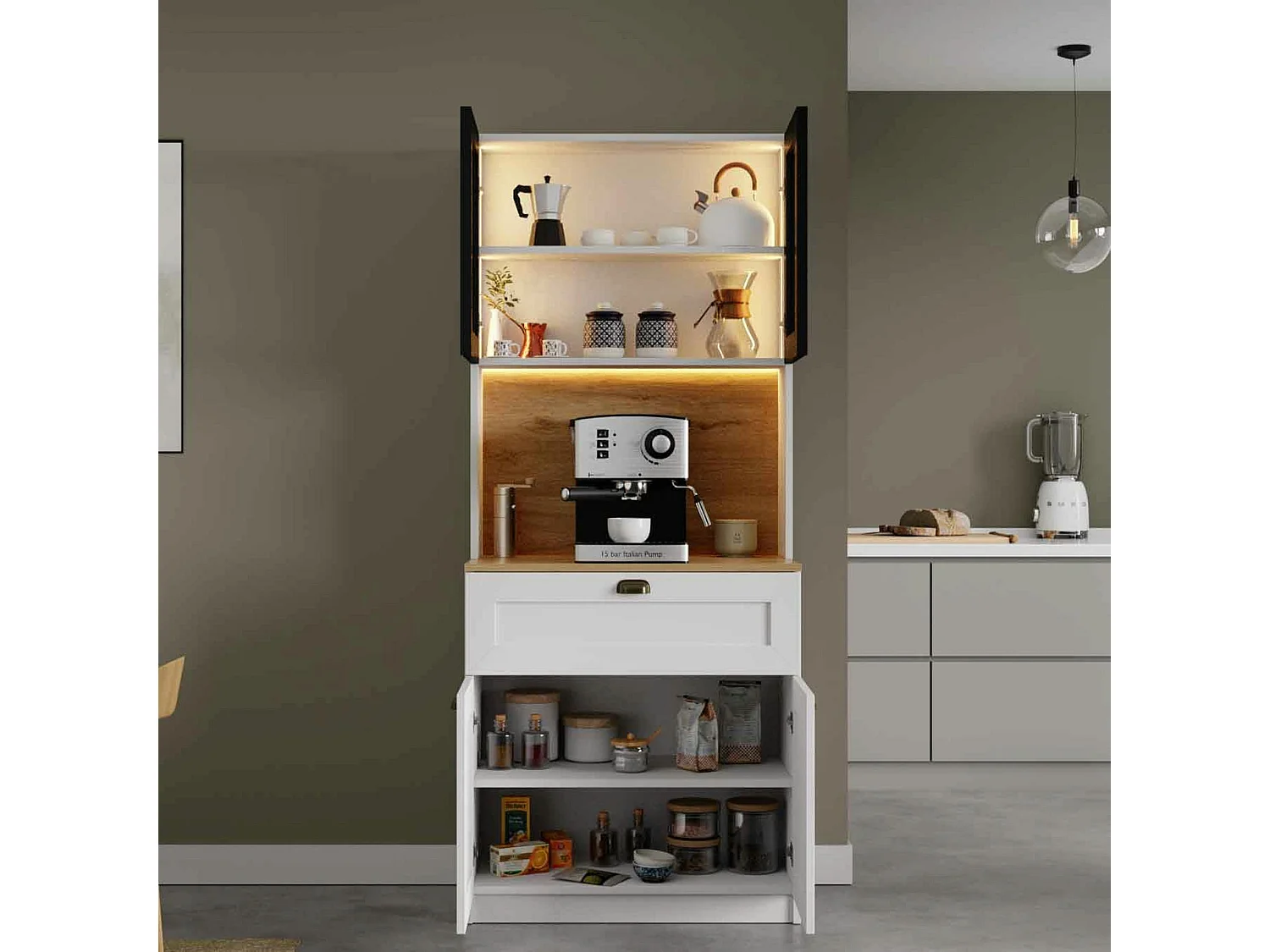 Vaisselier de cuisine à LED 4 portes décor blanc et noir AURA