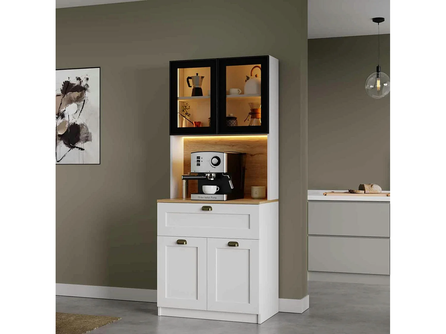 Vaisselier de cuisine à LED 4 portes décor blanc et noir AURA